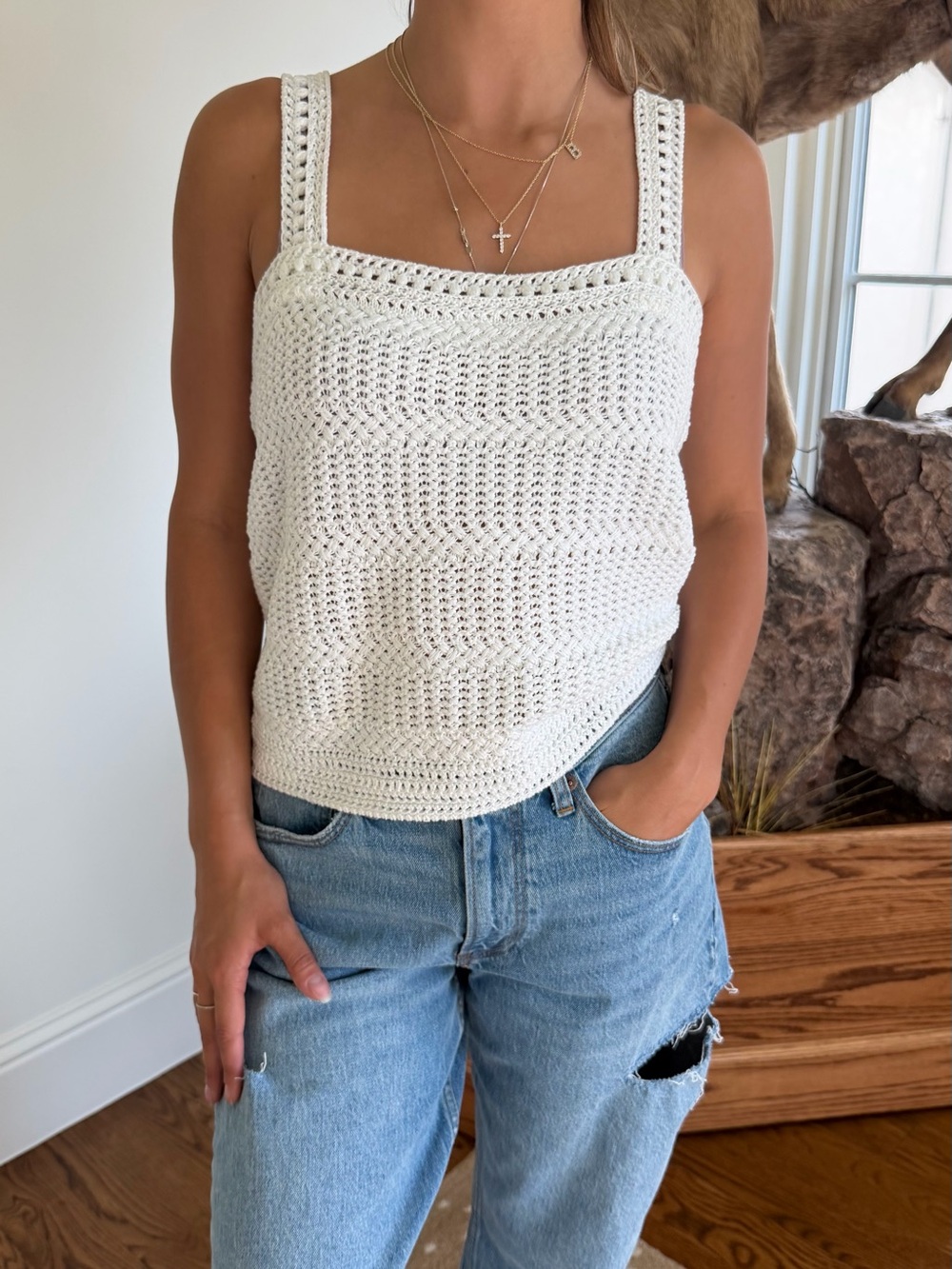 Vince Cream Crochet Tank Top - Classic Summer Knit